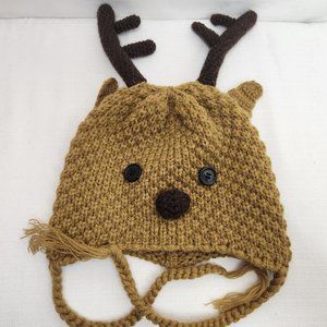 dei kids brown knit reindeer antlers beanie hat cap fun ear straps christmas